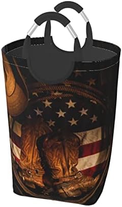 50l Büyük çamaşır sepeti Amerikan Bayrağı İle Kovboy Çizmeleri Baskılı Kare Katlanabilir Büyük giysi sepeti çamaşır sepeti çanta