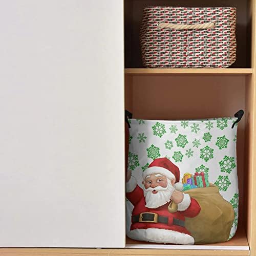 Katlanabilir çamaşır sepeti 17 inç Sevimli Noel Baba ve Yeşil Kar Tanesi Merry Christmas Bağlantısız çamaşır sepeti Kolları ile