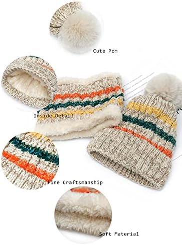 Formery Kış Bere şapka eşarp Seti Bej Pom Sıcak Tıknaz Kafatası Kap Kablo Örgü Manşetli Polar Astarlı boyun ısıtıcı Tozluk Kadınlar