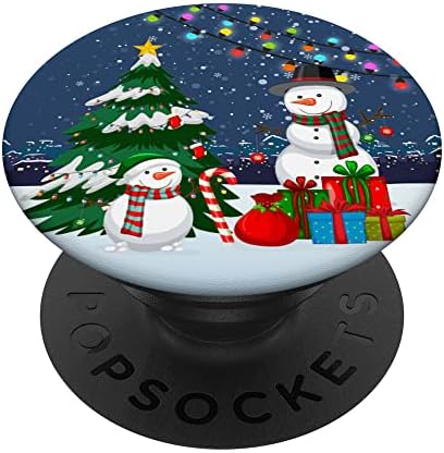 Noel Baba, ışıklar ve Kardan Adam PopSockets Değiştirilebilir PopGrip ile Geceleri Noel Cityscape