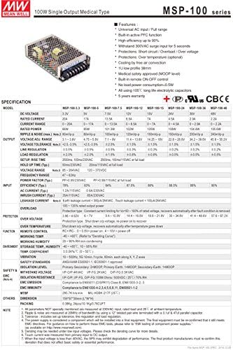 MW Ortalama Kuyu MSP-100-24 24V 4.5 A Kapalı-PFC Tıbbi Güç Kaynakları