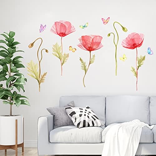 Kırmızı Çiçekler Duvar Çıkartmaları Renkli Kelebek Çiçekler duvar çıkartmaları Vinil DIY Çıkarılabilir Çiçekler Duvar Sanatı