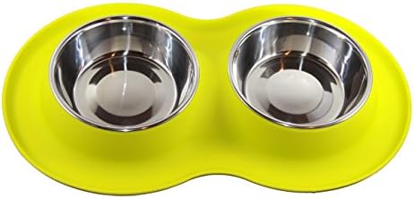 Akıakdog Çift Paslanmaz Çelik Gıda veya Su Kase Silikon Standı, Köpek veya Kedi için, Orta (Limon Yeşil)